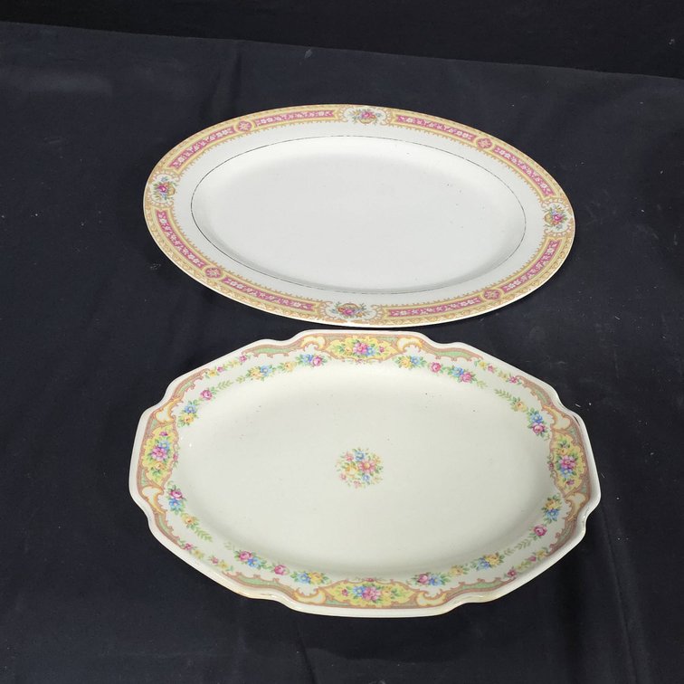 2 Floral Porcelain Platters with Multicolor Trim, Oval and Scalloped Edge