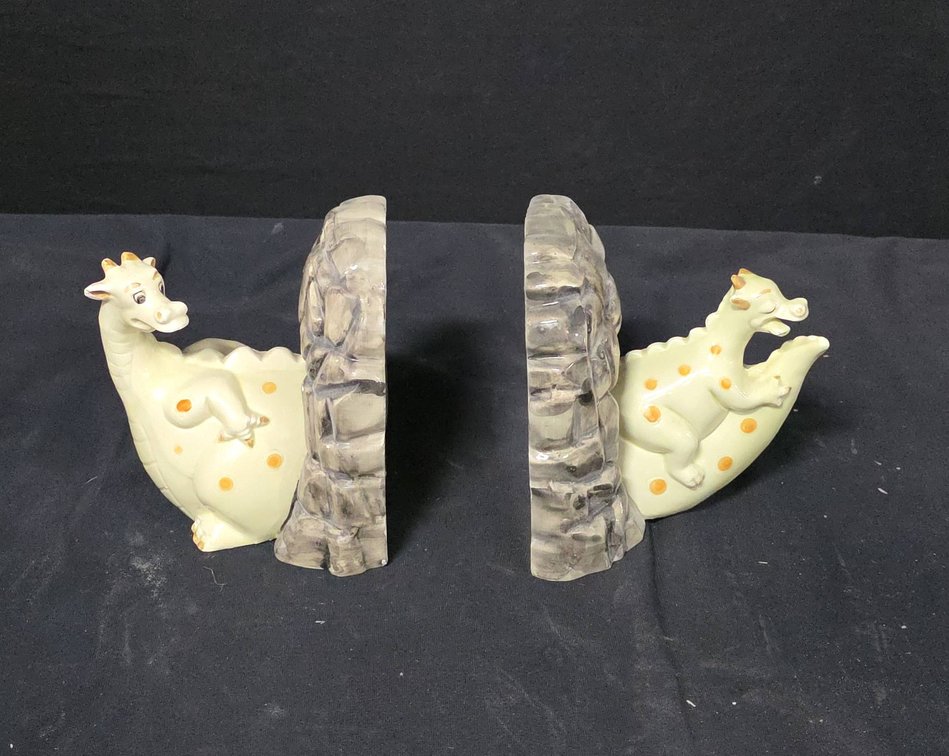 Ceramic Dragon Bookends Pair with Stone Wall Motif