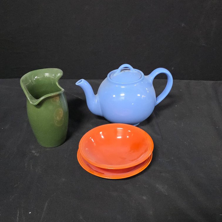 Pottery: Blue Hall USA Teapot, Green Vase, Orange Bowl, and Orange Saucer