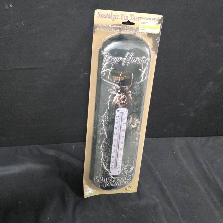 New Whitetails Unlimited Deer Hunter Nostalgic Tin Thermometer, Rivers Edge
