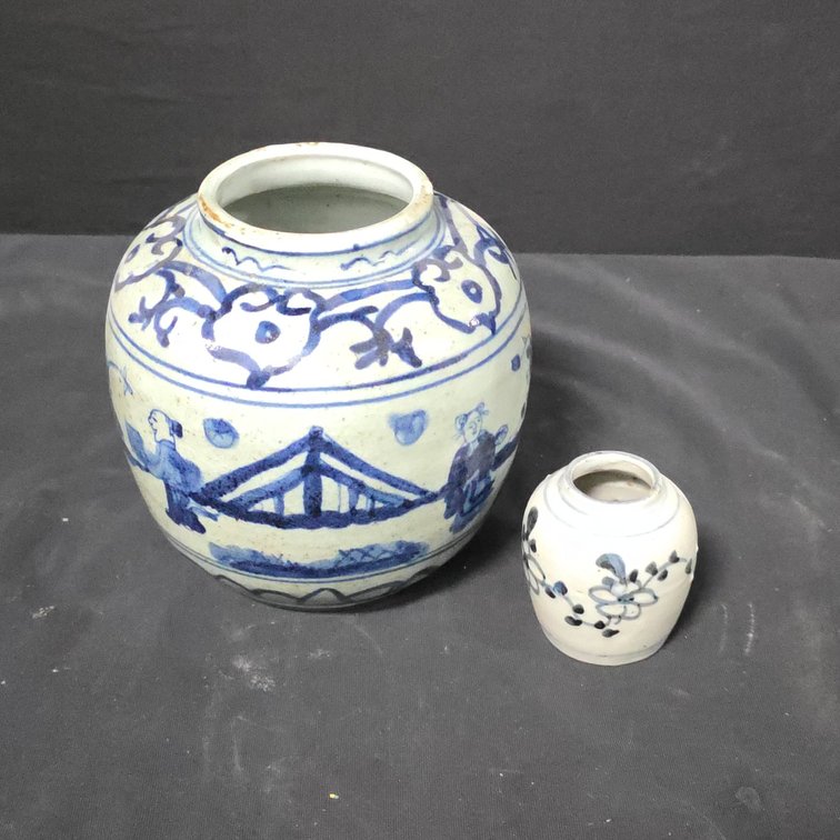 Two Blue and White Asian Style Ceramic Jars with Floral and Figural Motifs