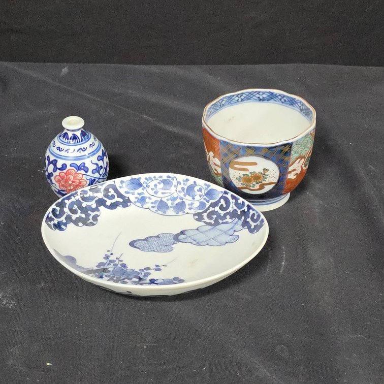 Japanese Porcelain Group: Blue and White Plate, Imari-Style Cup, Small Floral Vase