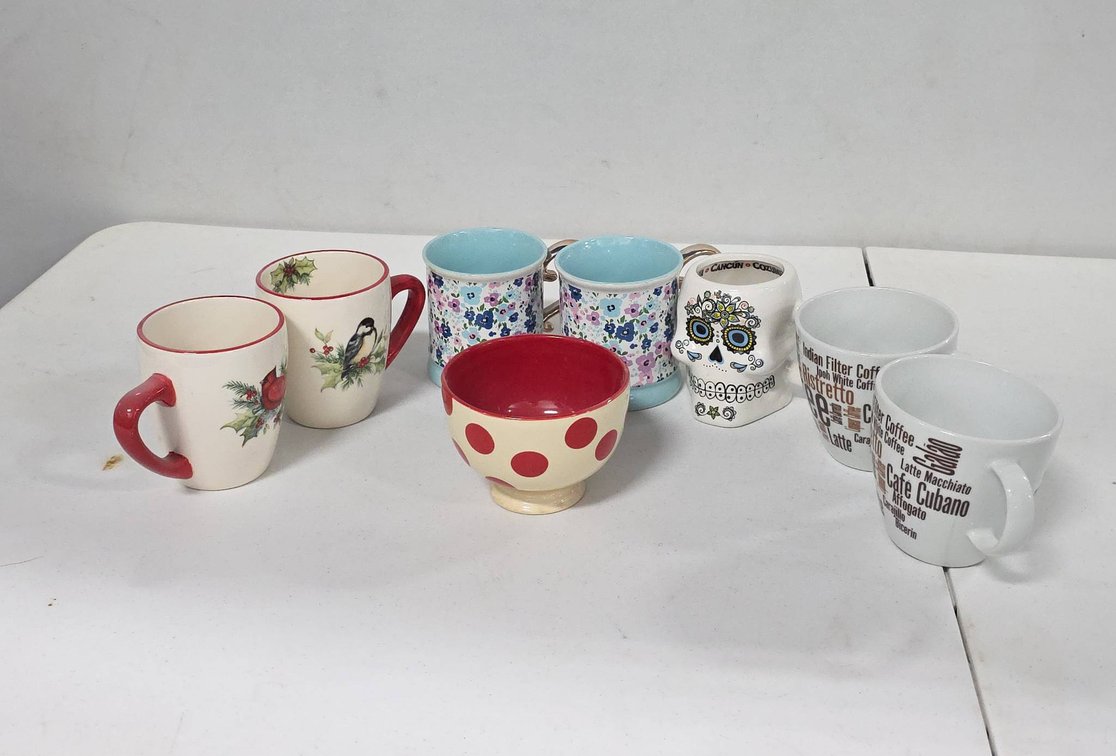 (7) Assorted Mugs by Certified, Orly Maison, Bed Bath & Beyond, MBG Top, Plus (1) Polka Dot Bowl
