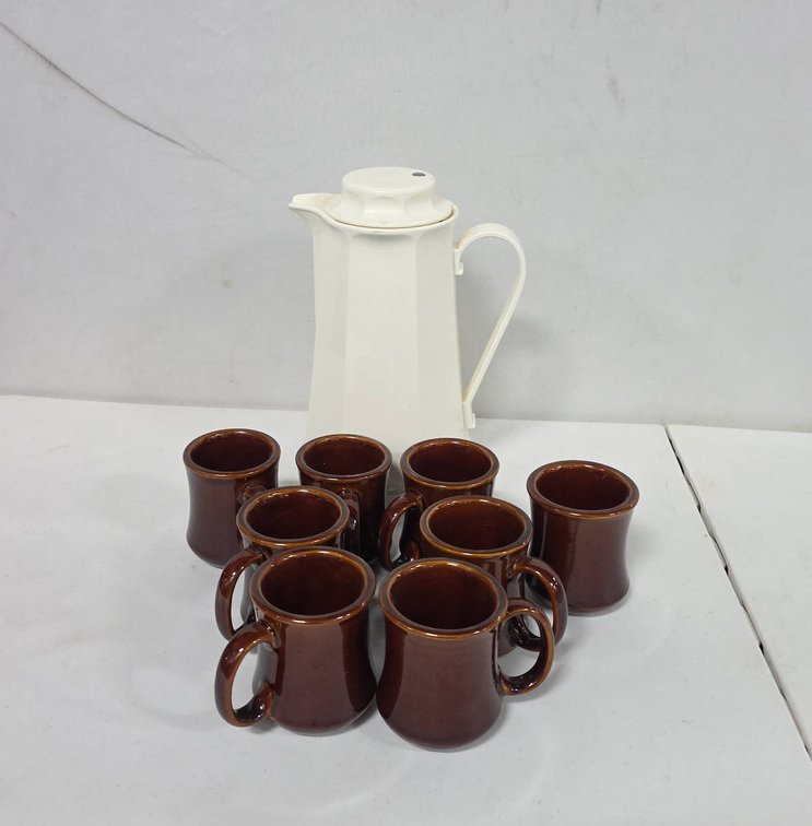 Thermos White Coffee Carafe With (8) World Heritage Brown Glazed Stoneware Coffee Cups