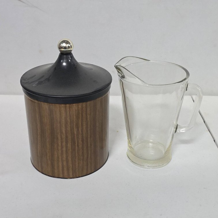 Decoware Lidded Metal Canister With Woodgrain Finish and Glass Pitcher