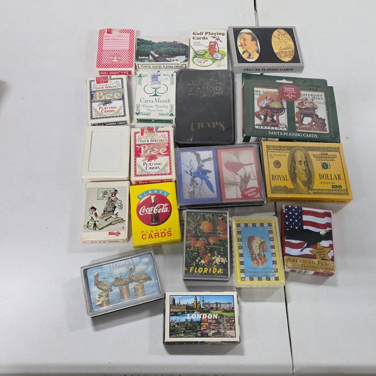 Approximately 21 Themed Playing Card Packs, Including Bicycle, Bee, Coca-Cola, and Souvenir Decks