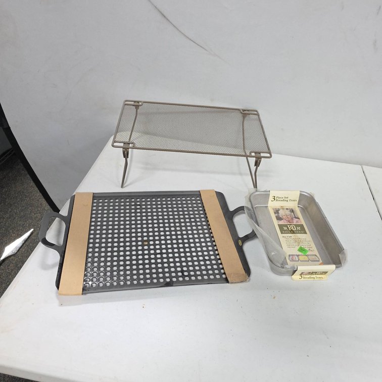 3 Kitchen Cooking Trays: Raised Mesh Rack, Perforated Roasting Pan, Paula Deen Breading Trays