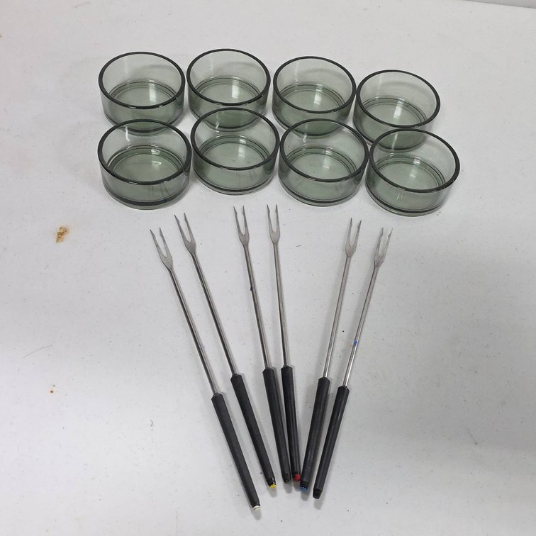 (8) Clear Glass 3.5" Diameter Dishes and (6) Metal Two-Prong Fondue Forks
