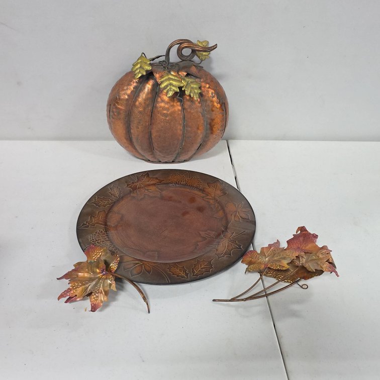 Better Homes Metal Pumpkin, 13" Decorative Leaf Charger Plate, Autumn Leaf Accents, Mixed Metal Decor