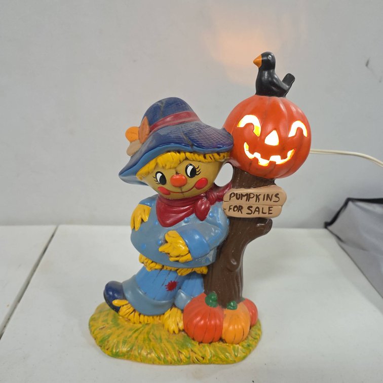 Lighted Ceramic Scarecrow and Pumpkin Jack-o'-Lantern Decor, "Pumpkins For Sale" Sign