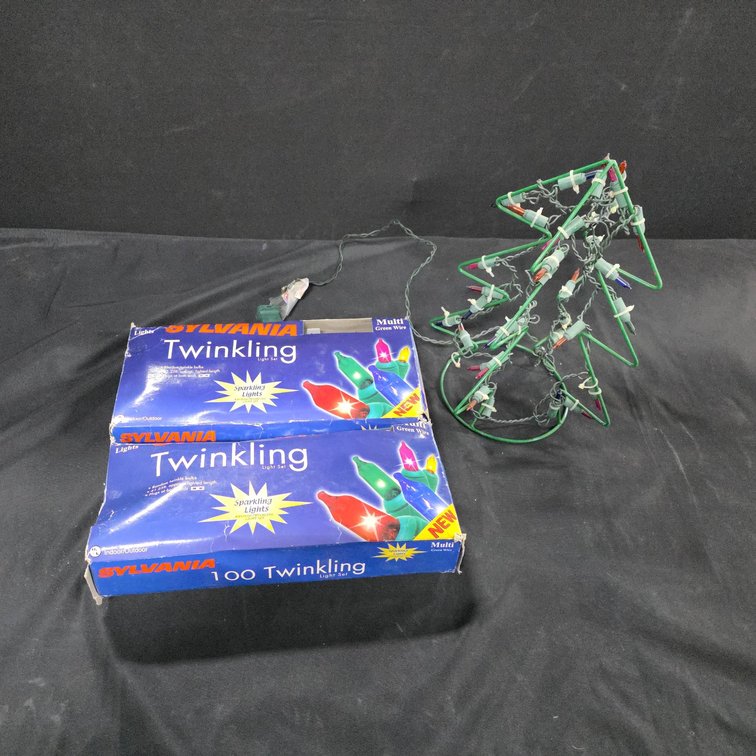 Sylvania Twinkling Light Set with Multicolor Bulbs and 12" Tall Lighted Wire Frame Christmas Tree