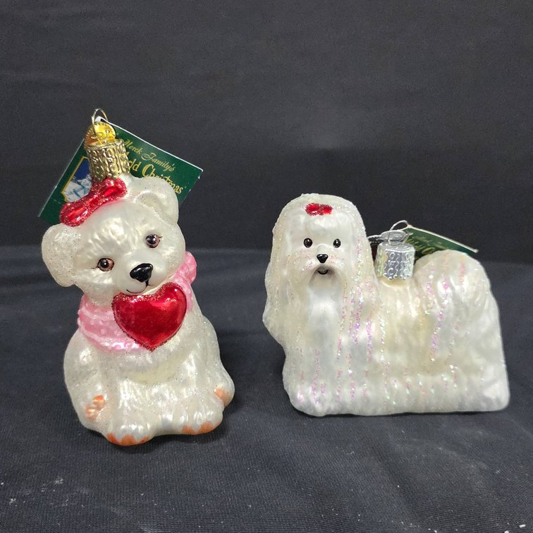 Merck Family's Old World Christmas Fluffy Puppy with Valentine and Maltese Glass Ornaments, Tallest 4"