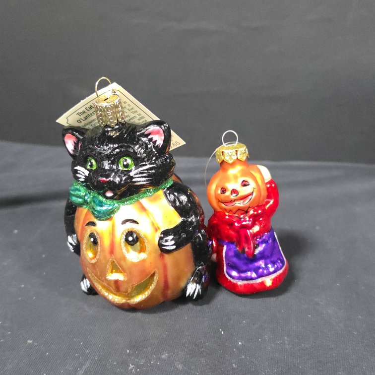 Old World Christmas Glass Ornaments: Cat in Jack O'Lantern Halloween, Pumpkin Figure, 4" Tall