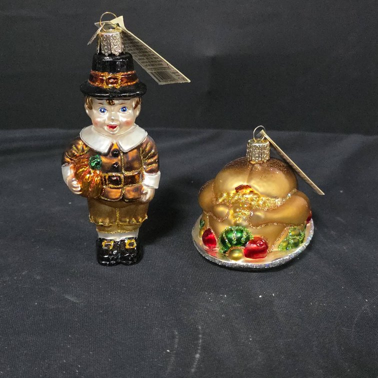 Merck Family's Old World Christmas Glass Ornaments Pilgrim Figure and Turkey
