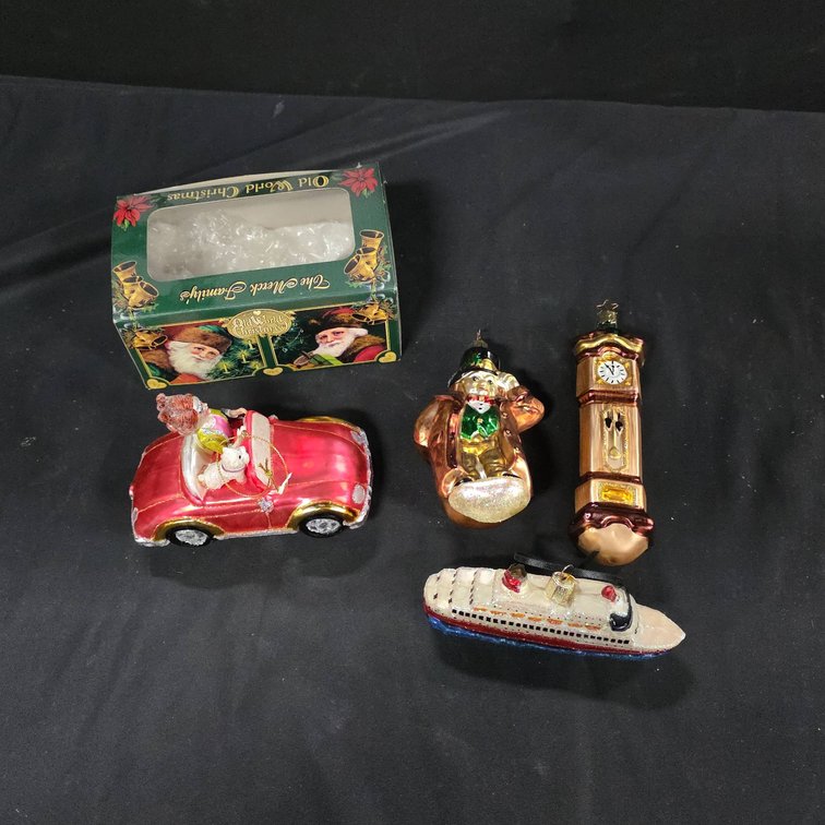 Old World Christmas Glass Ornaments Lot with Car, Cruise Ship, Snowman, Grandfather Clock, Tallest 7"