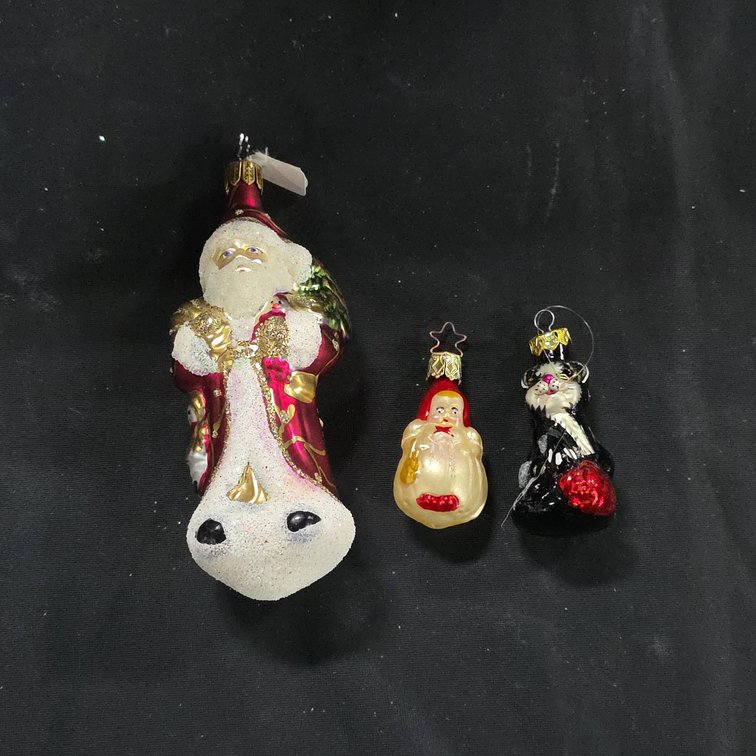 (3) Glass Christmas Ornaments: Santa, Santa Figure, and Cat with Heart