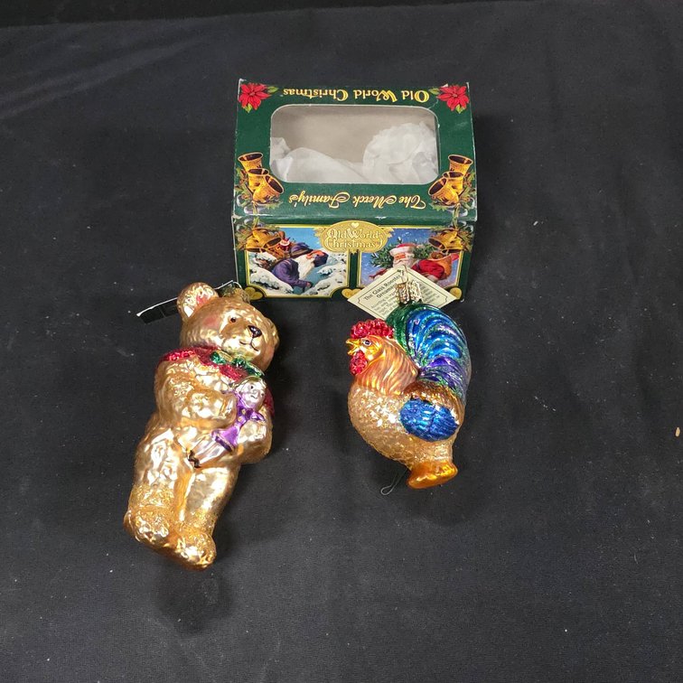 Old World Christmas Glass Ornaments: Teddy Bear and Rooster, Boxed with Tags