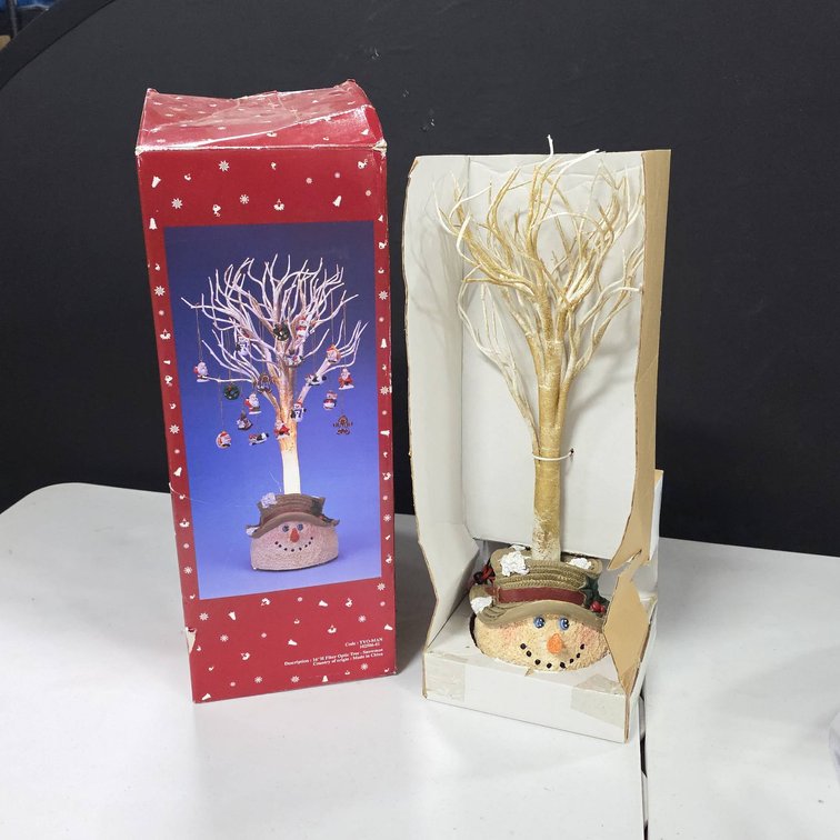 16" Fiber Optic Tree With Snowman Base, Includes 18 Ornaments