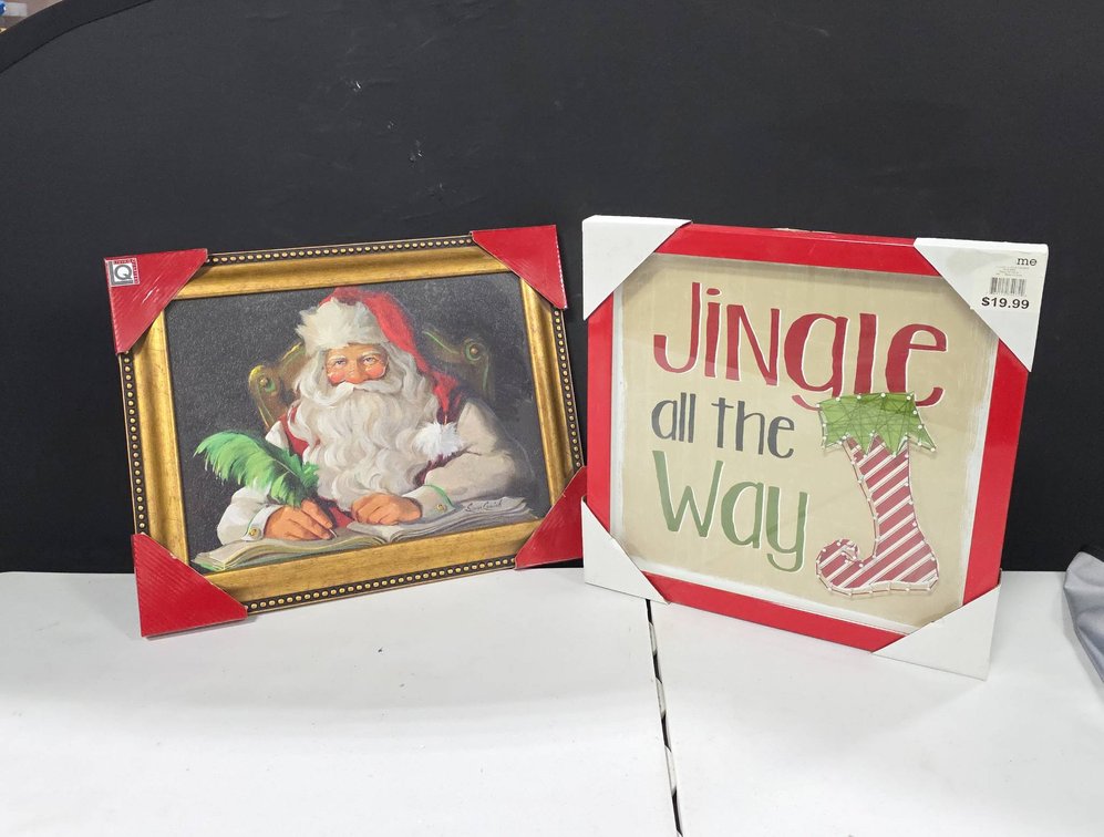 (2) Framed Christmas Wall Art, Santa by Susan Comish and "Jingle All the Way," Largest 19" x 15"