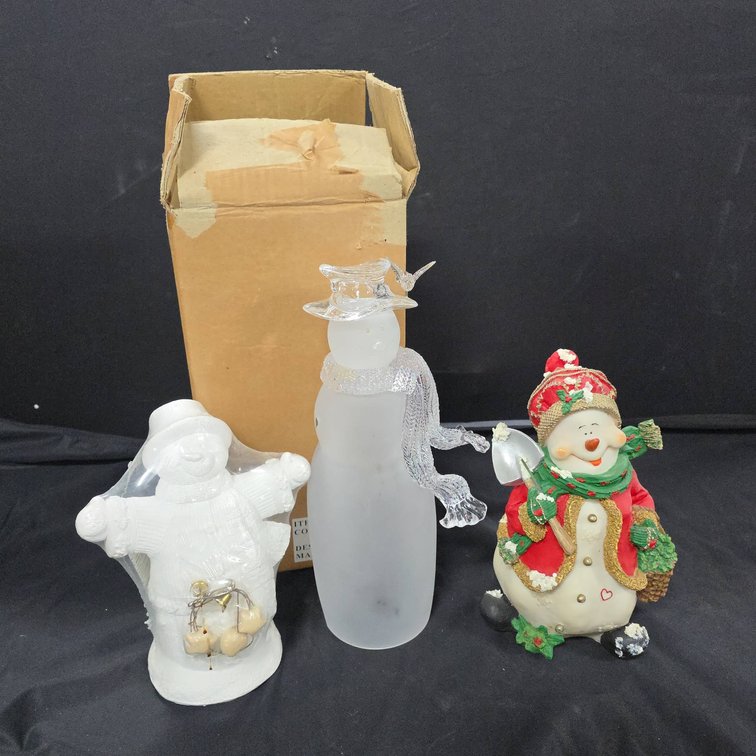 Snowman Figurines Including Glass, Resin, and Holiday Time