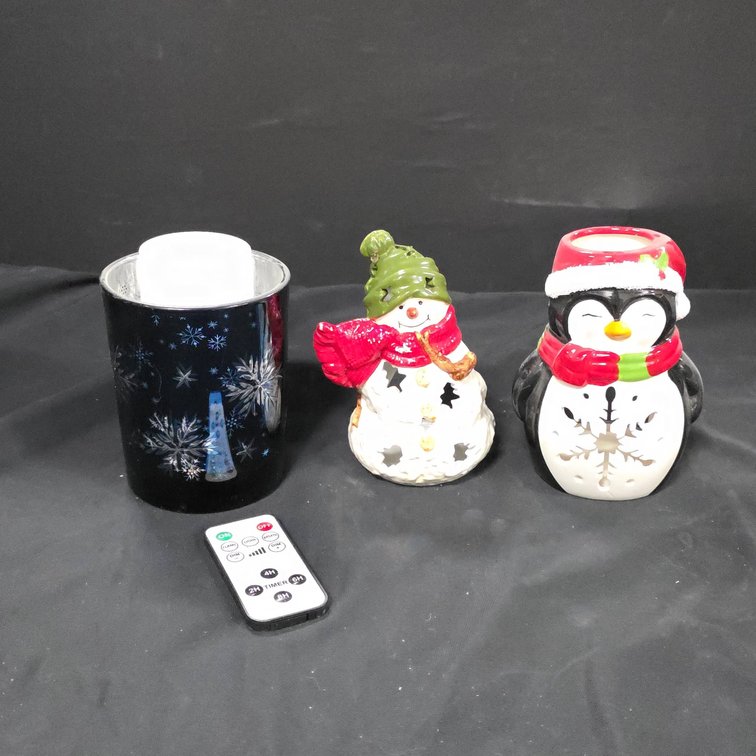 3 Holiday Candle Holders With Remote, Includes 6" Snowman, Penguin, and Glass Snowflake Votive