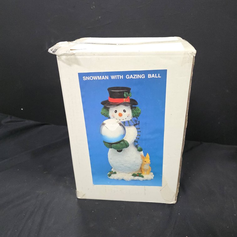Snowman With Gazing Ball 13" Festive Figure With Bunny, Original Box