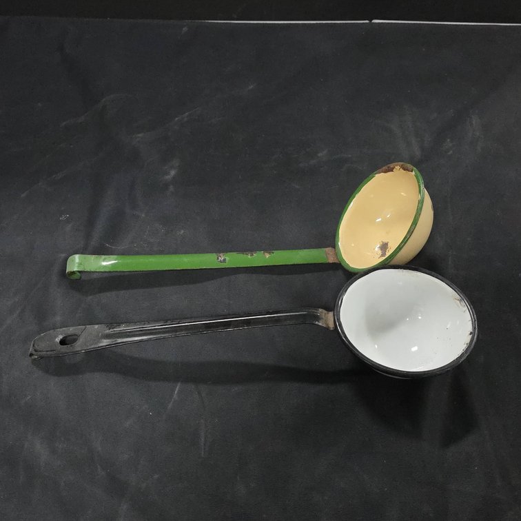 Enamel Metal Ladles, Black and Green Handles, Largest with 4" Diameter Bowl