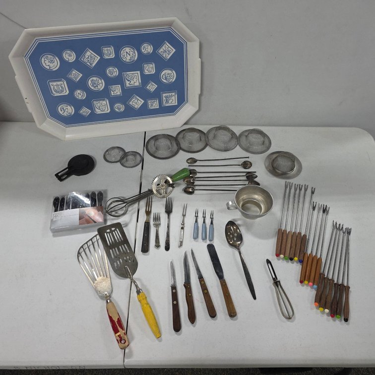 Vintage Kitchen Utensil Assortment With Fondue Forks, Relish Forks, Fish Spatulas, Strainers, Egg Beater