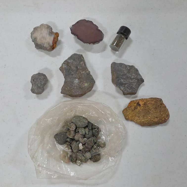 Collectors Rock Lot with Iron Pyrite Chunks, Pyrite Dust in Vial, Heavy Magnetite, and Copper Formation