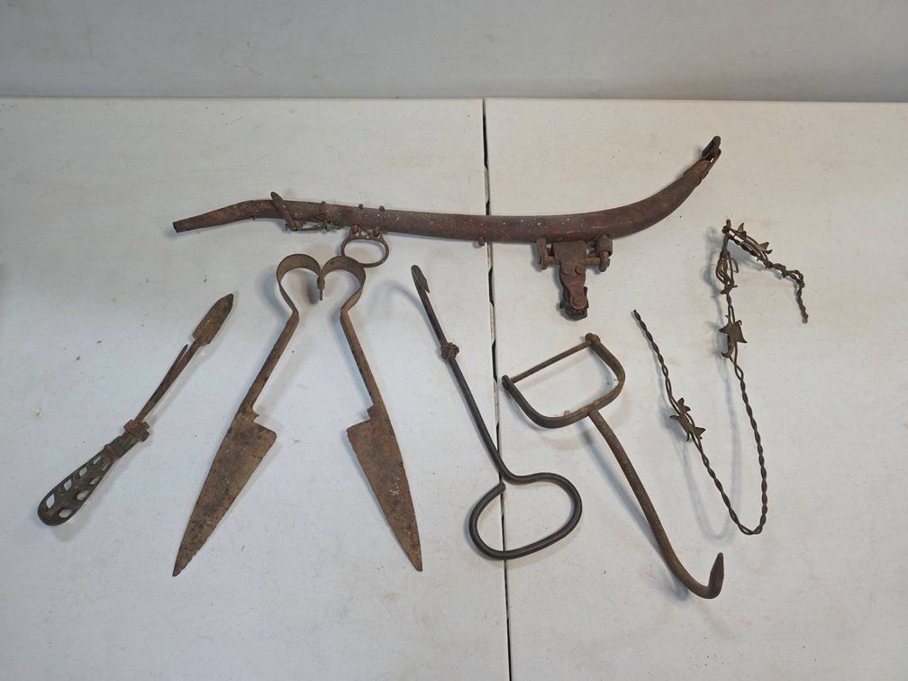 Antique Farm Tools Lot: Sheep Shears, File Handle, Barbed Wire, Meat Hooks, etc