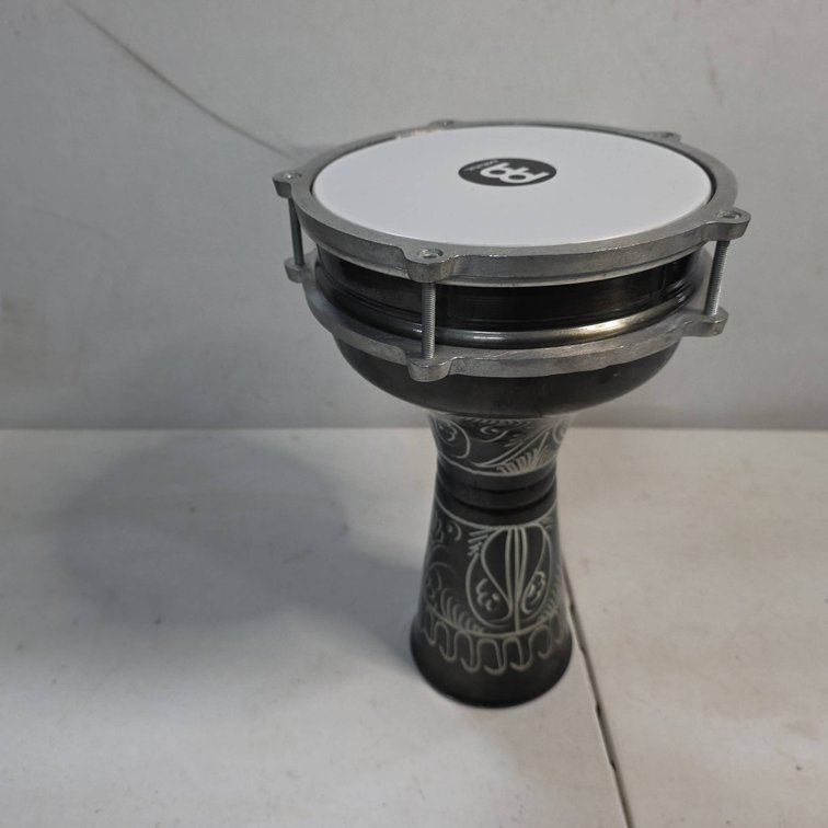 Meinl Darbuka Drum, Metal Body, Synthetic Head, Made in Turkey, Meinl Logo, Black and White Design