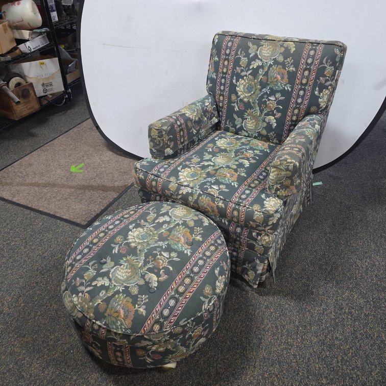 Neiman Chicago Upholstered Floral Armchair With Matching Ottoman, Classic Pattern, Reading Chair Set