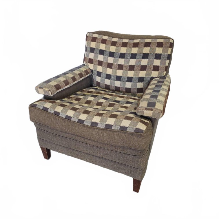 Plaid and Brown Upholstered Armchair with Feather Reversible Seat Cushion and Solid Wood Legs