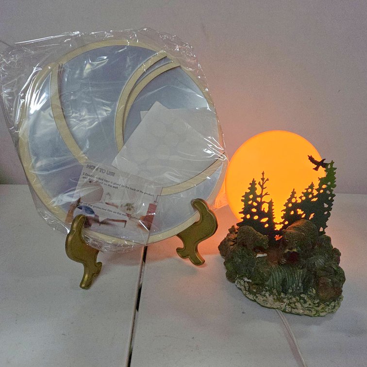 Illuminated Moon Forest Scene Lamp and Moon Phase Mirror Wall Hanging Set