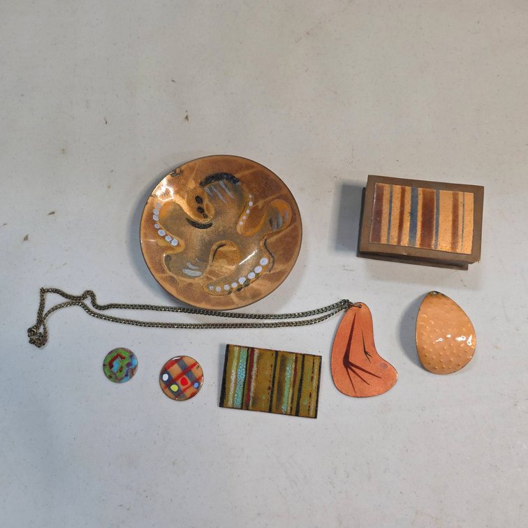 Mid Century Modern Enameled Brass Pieces, Including Pins, Pendant, Trinket Box, Dish