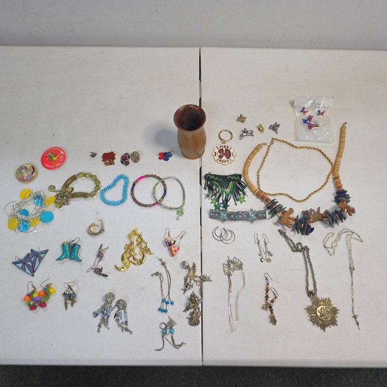 Costume Jewelry Collection With Assorted Earrings, Bracelets, State Pins, Buttons, Necklaces, And Medallions