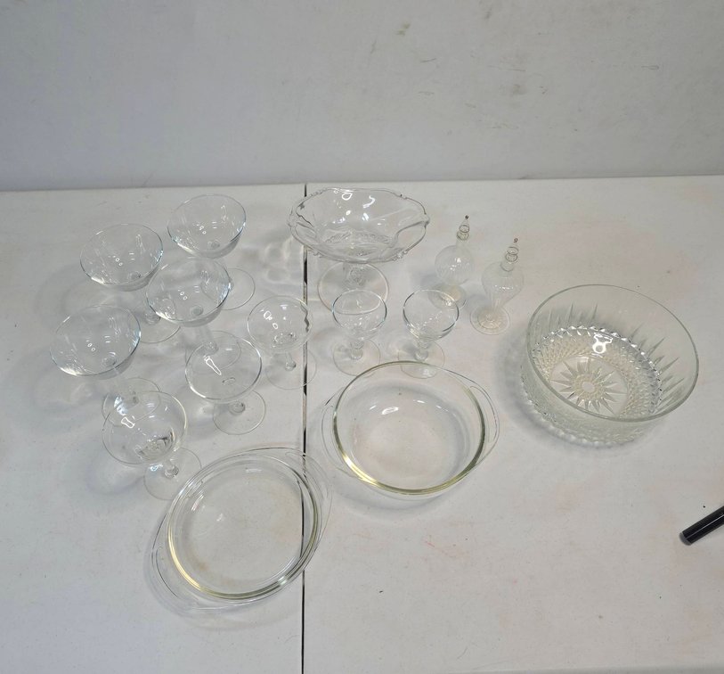 Clear Glass Lot: Cocktail Glasses, Pyrex Lidded Dish, Candidish Tincture Bottles, etc
