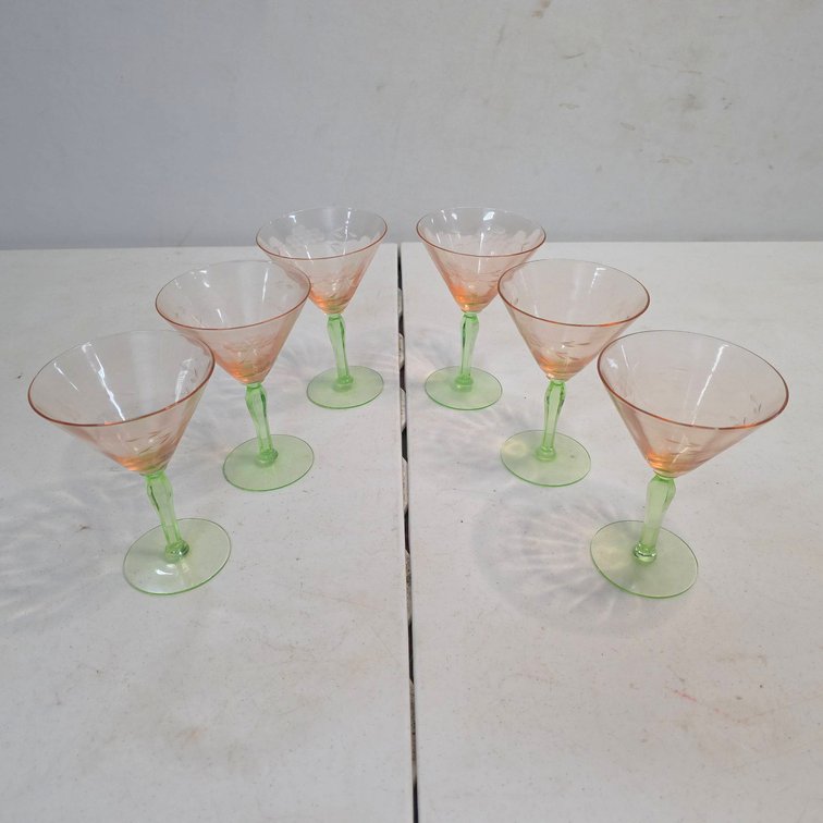 Six Depression Era Cocktail Glasses, Pink Bowls with Green Stems, Etched Grape Design