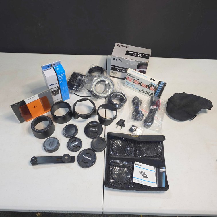 Camera Accessories Lot: Lens Caps, Lens Shades, Macro Lenses, Universal Digital Slave Flash,etc