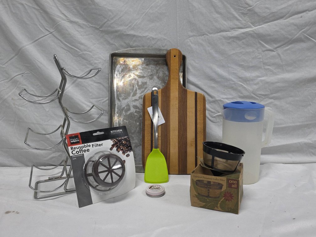 Kitchen Lot With New Spatula, New Coffee Filters, Wine Rack, Rubbermaid Pitcher, etc