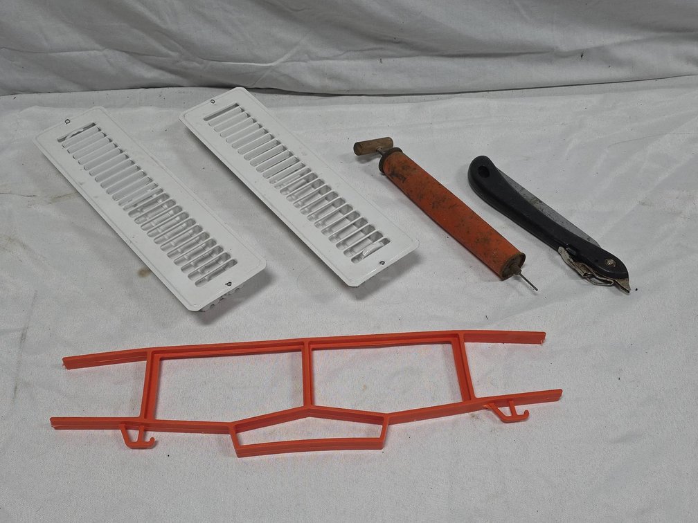 Two White Metal 2x12 Registers, Antique Air Pump, Folding Pruning Saw, Extension Cord Wrap Lot