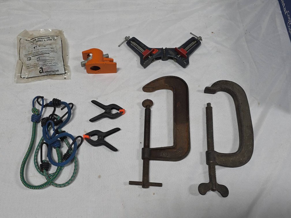 Stanley 404 Angle Clamp, Two 6-Inch C Clamps, Pony Pipe Clamp Part, Other Tools