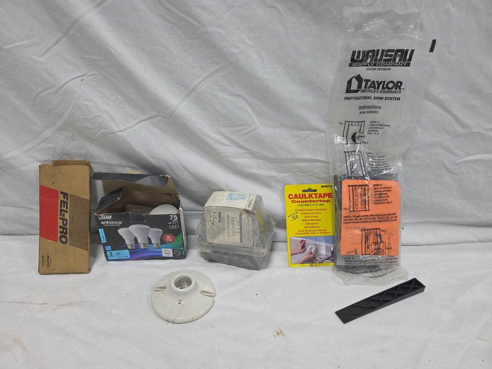 Household Variety Lot With Feit Enhance LED Bulbs, Door Shim System, Socket, Caulk Tape, Miscellaneous Items