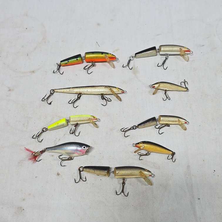 9 Rapala Fishing Lures Including Skitter Pop and Jointed Models
