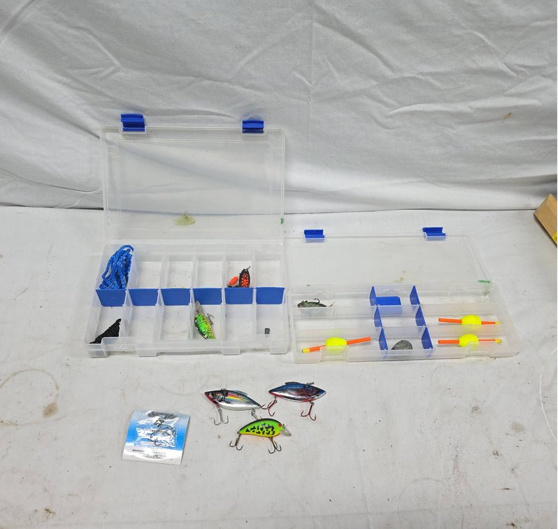 Fishing Tackle Box With Assorted Lures, Floats, Jig Heads, and Accessories