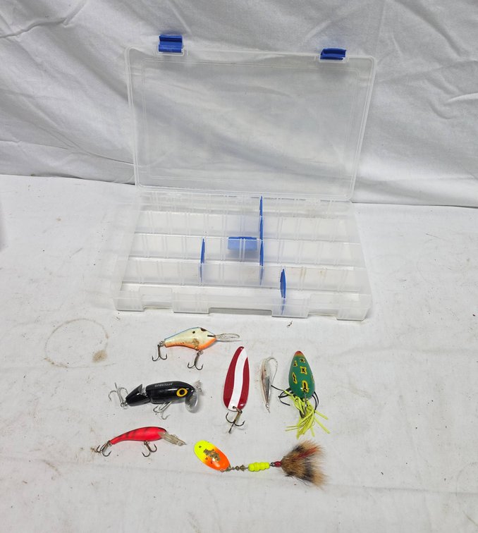 7 Fishing Lures With Box, Includes Poe's, Jitterbug, Heddon Moss Boss