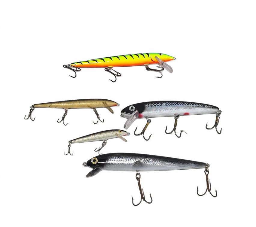 5 Fishing Lures Including Rapala and Jame, Longest 7 Inches, Various Colors