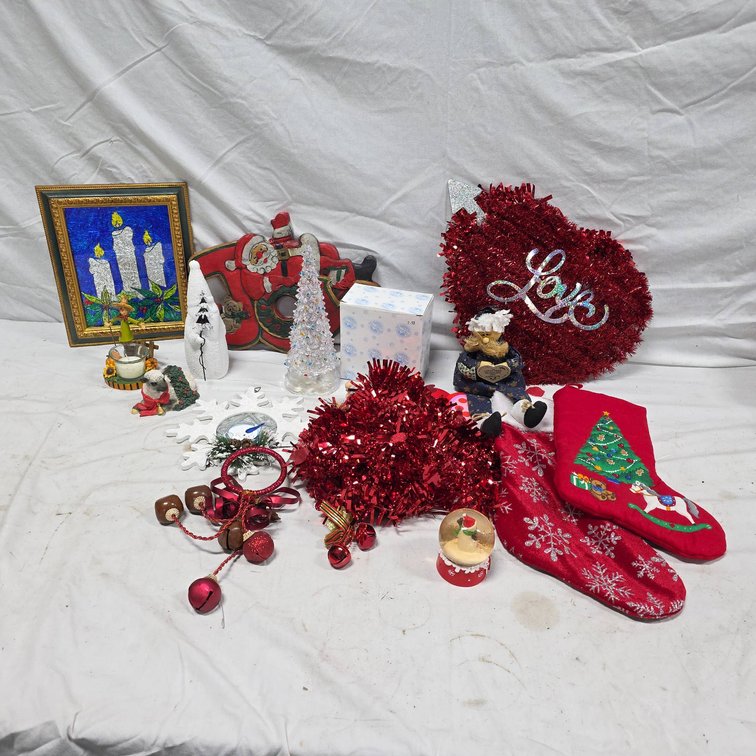 Holiday Decor Lot | Inc, Figurine, Framed Candle Art, Stockings, Ornaments, etc