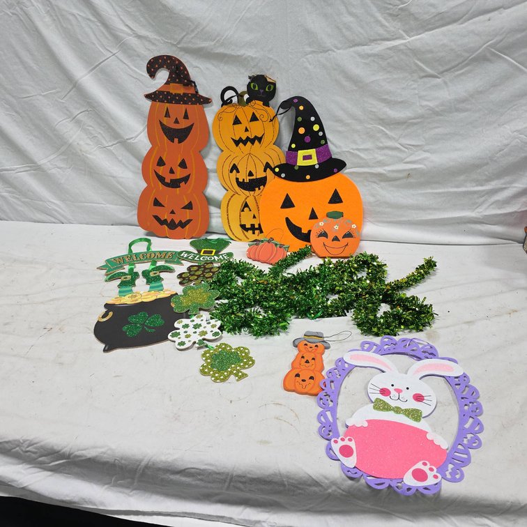 Holiday Decor Lot With Halloween, St. Patrick's Day, Easter Wall Hangings, 19" Tallest Item