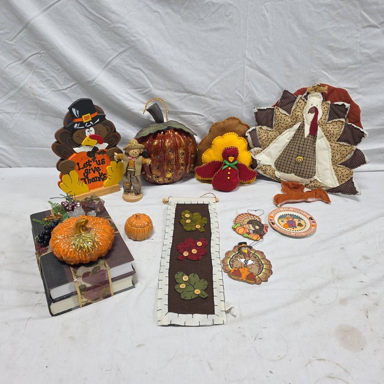 Thanksgiving Decor Lot With Plush Turkeys, Ceramic Pumpkins, Metal Pumpkin,etc